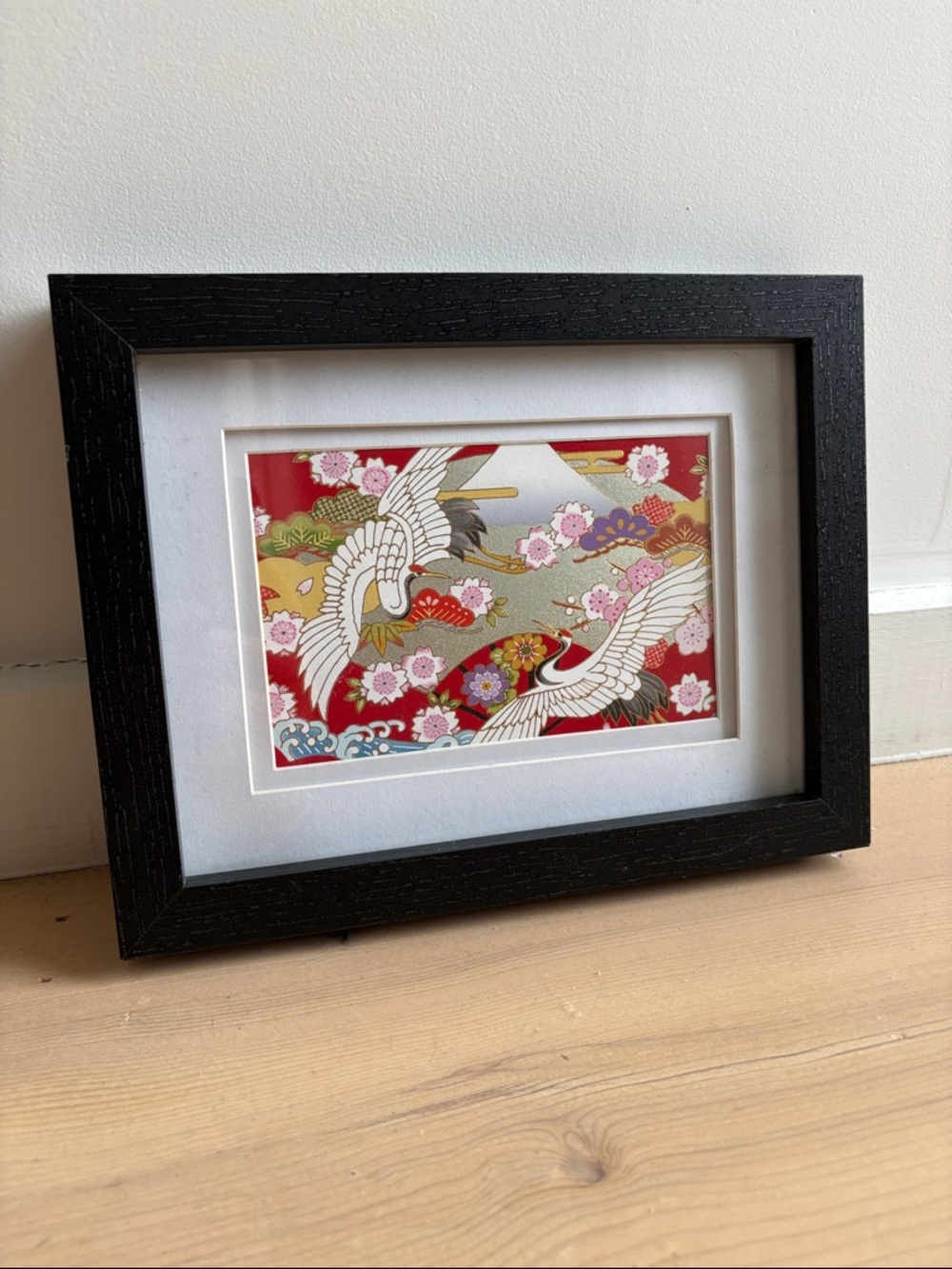 Framed Japanese Foil Crane Art Print with White Mat